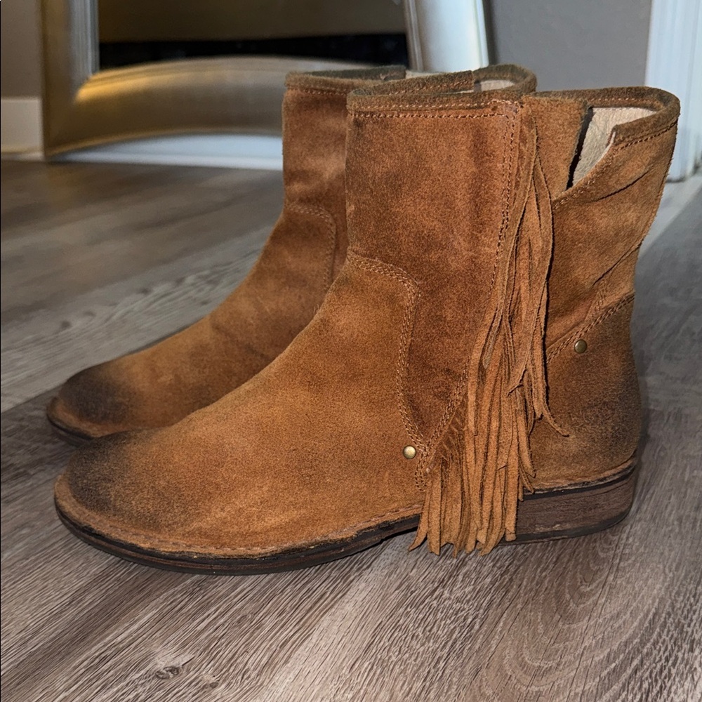 UGG Tan Suede Ankle Boots with Fringe